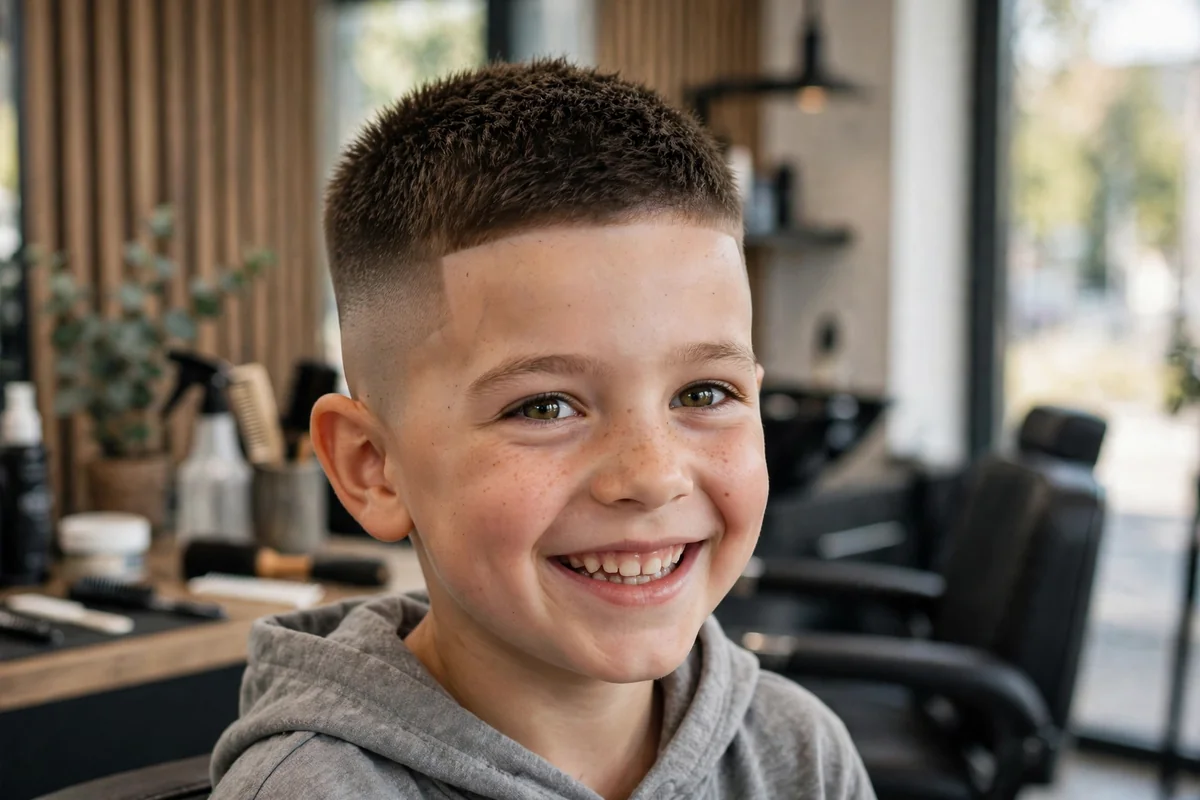 Little boy with a classic low fade haircut — short blended sides that taper down low near the ears with neat longer hair on top, a timeless short fade little boy haircut