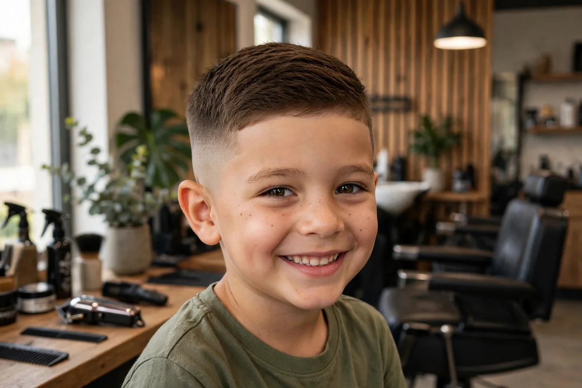 Little boy with a mid fade haircut — fade starting halfway up the sides with a smooth blend and short neat hair on top, a popular boys fade haircut
