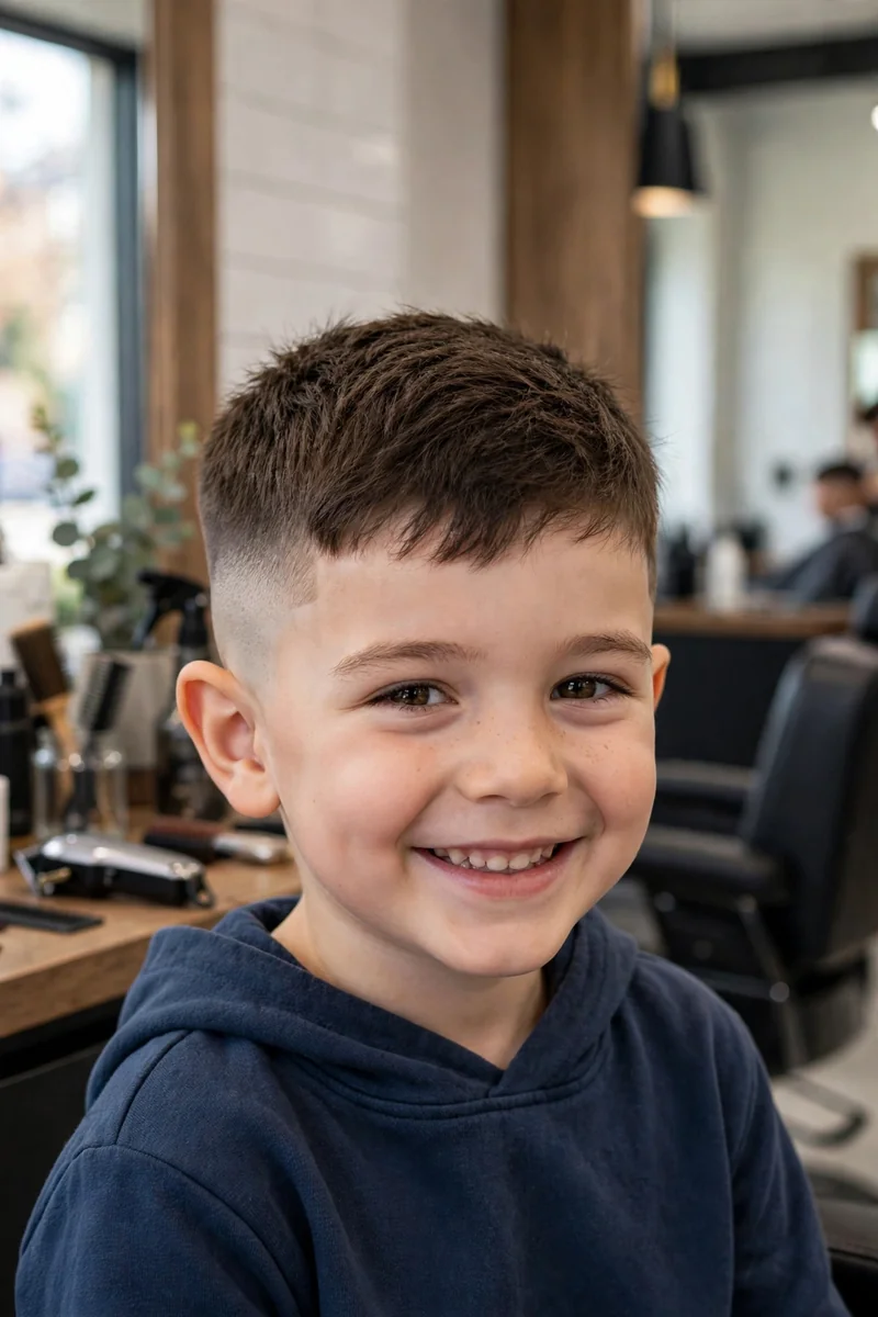 Little boy with a high fade haircut — fade starting high on the sides with a sharp clean blend and short hair on top, a bold kids fade haircut