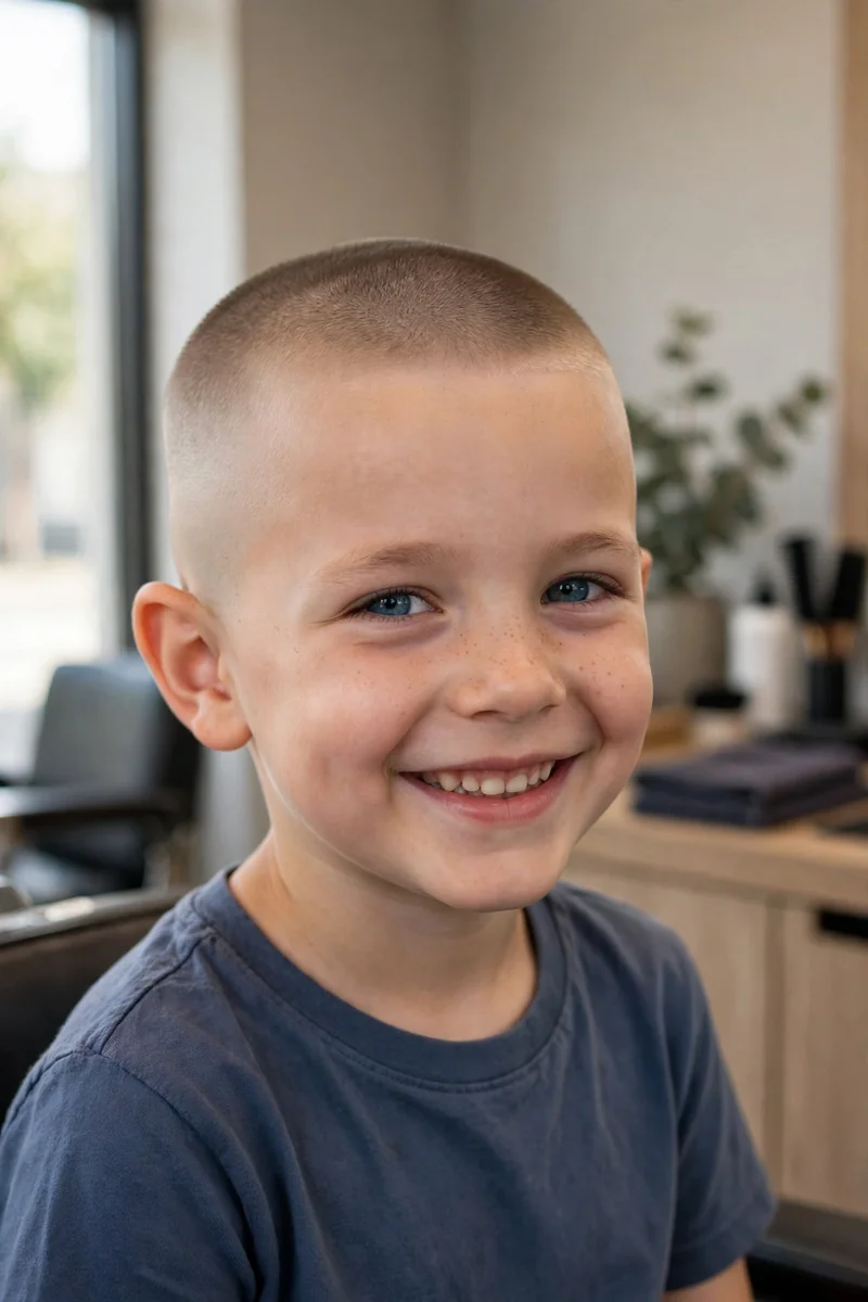Little boy with a buzz cut fade haircut — very short buzzed hair all over with faded blended sides, an easy low-maintenance short haircut for boys