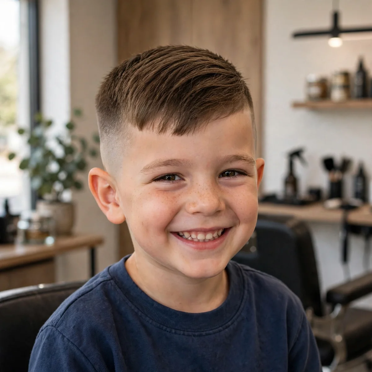 Little boy with a crew cut fade haircut — short crew cut on top slightly longer in front with clean faded sides, a classic kids haircut with a fade