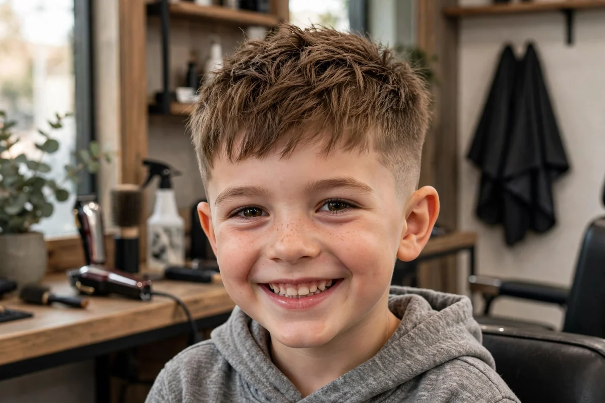 Little boy with a textured crop fade haircut — choppy textured hair on top with faded sides, a trendy textured fade haircut for boys