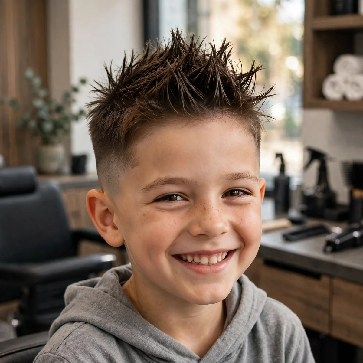 Little boy with a faux hawk fade haircut — spiky center strip of hair with faded sides, a fun bold boys fade haircut