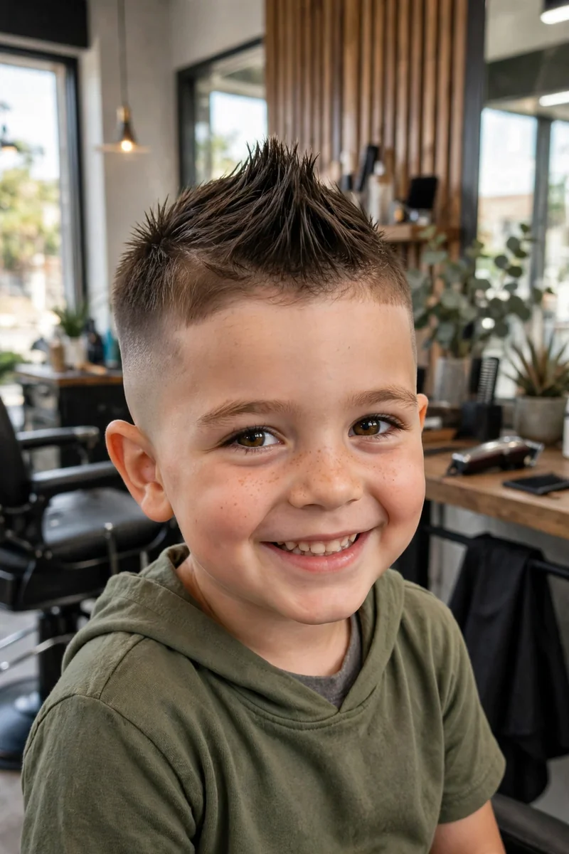 Little boy with a mohawk fade haircut — bold mohawk strip with faded sides, a daring short fade little boy haircut