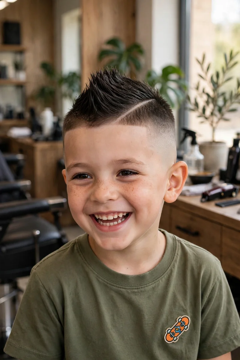 Little boy with a fade and hard part haircut — shaved part line with faded sides and neat top, a sharp kids fade haircut