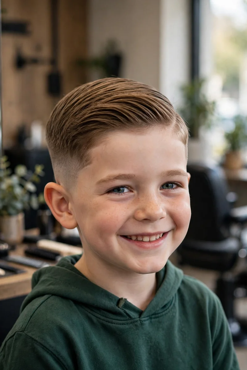 Little boy with a spiky top fade haircut — textured spikes on top with faded sides, a playful short fade little boy haircut