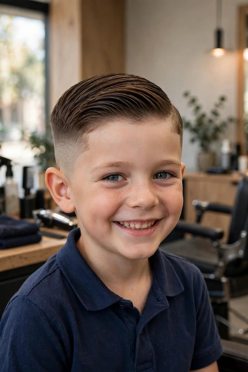 Little boy with a curly top fade haircut — natural curls on top with clean faded sides, a stylish curly fade haircut for boys