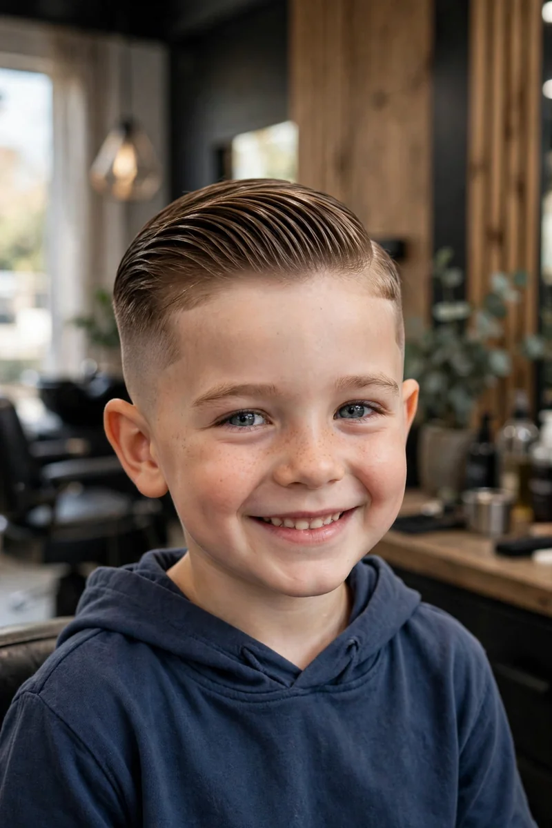 Little boy with a fringe fade haircut — textured fringe falling forward with faded sides, a trendy fringe fade haircut for kids