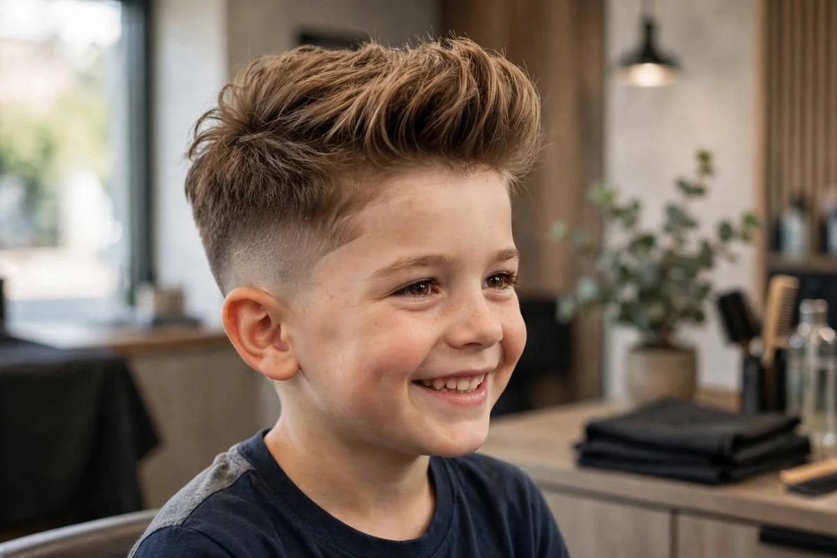 Little boy with a quiff fade haircut — voluminous quiff on top with faded sides, a dapper short fade little boy haircut