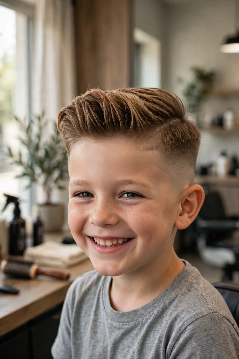 Little boy with a pompadour fade haircut — classic pomp volume on top with faded sides, a vintage-inspired kids fade haircut