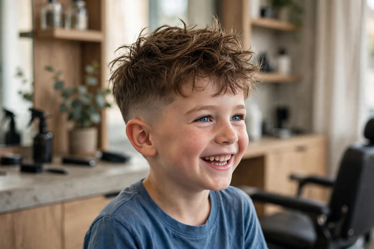Little boy with a slicked back fade haircut — hair combed back smoothly with faded sides, a sleek short fade little boy haircut