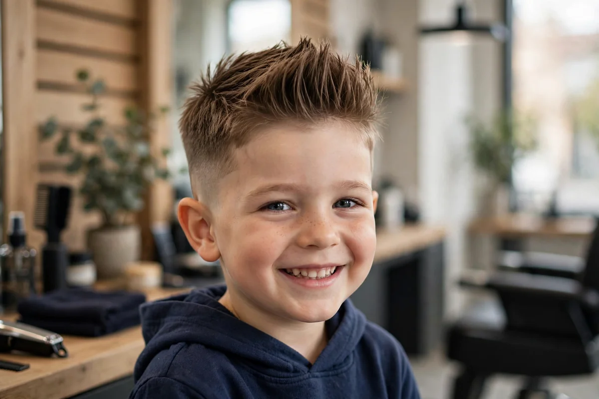 Little boy with a fade and hair design — shaved line art design in faded sides, a creative short fade little boy haircut