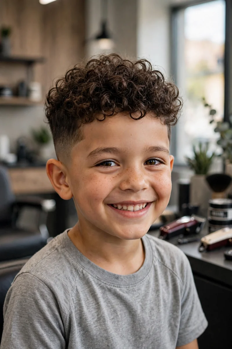 Little boy with a drop fade haircut — fade that curves down behind the ear with neat top, a modern drop fade haircut for boys