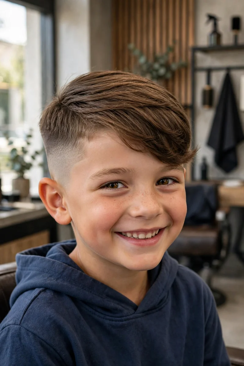 Little boy with a comb over fade haircut — hair combed to one side with faded sides, a tidy short fade little boy haircut