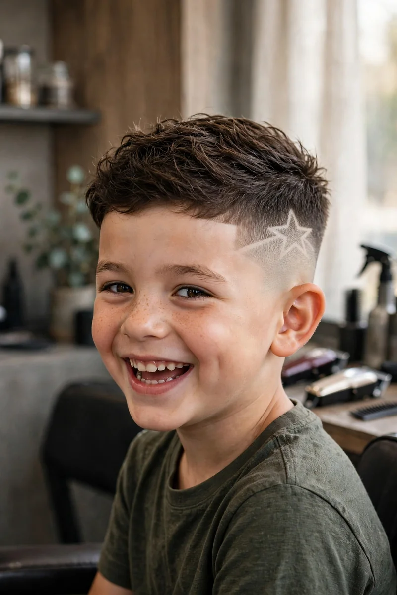 Little boy with a messy top fade haircut — tousled messy texture on top with faded sides, a carefree boys fade haircut