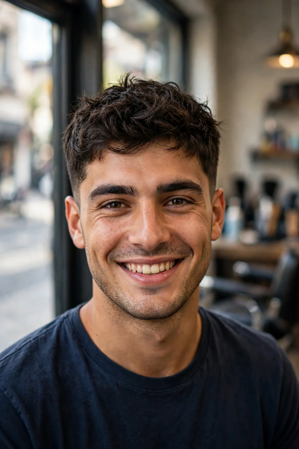 Man with a classic crew cut — short tapered sides and textured hair on top, one of the best short haircuts for men