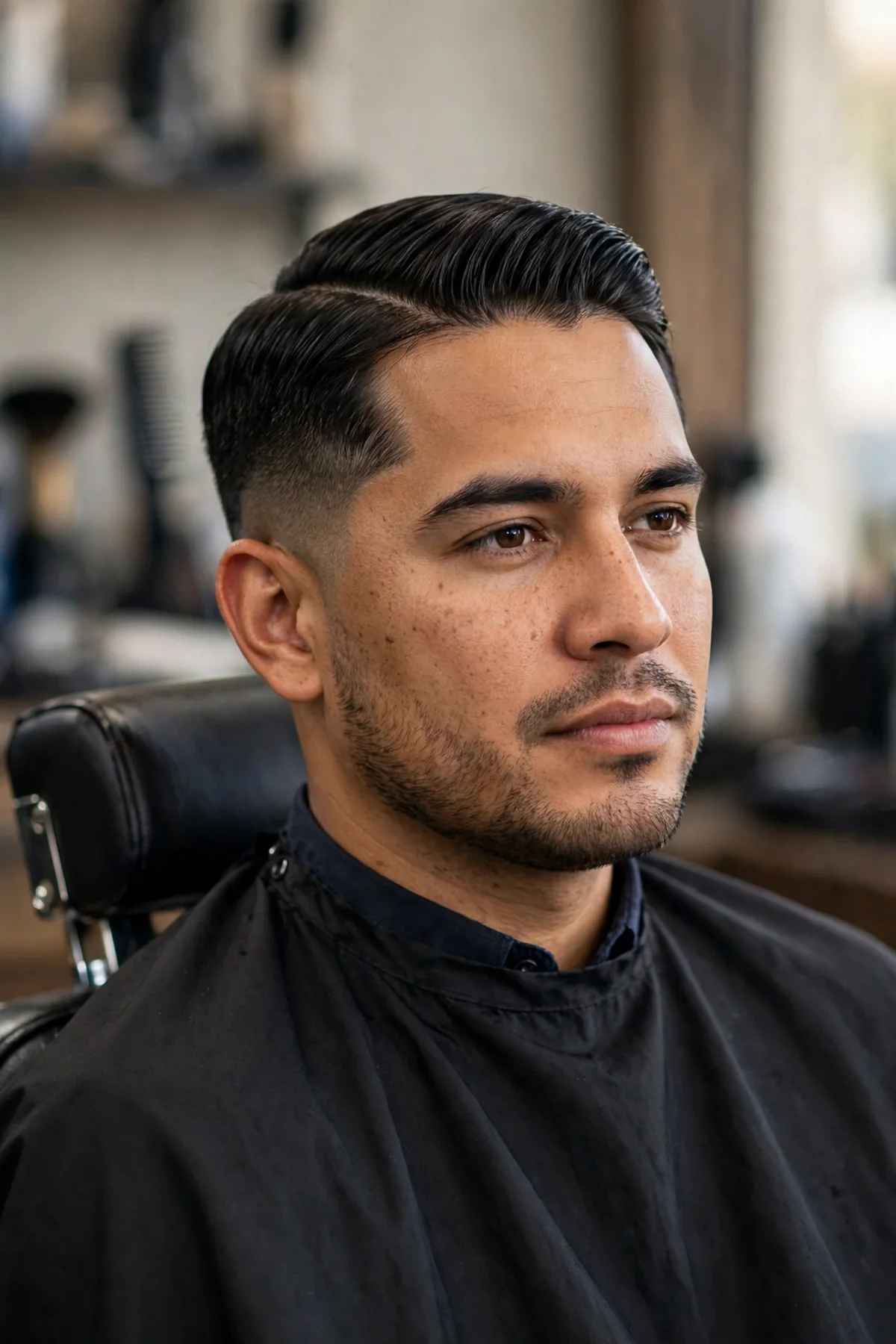 Classic side part with low fade — business-ready short haircut for men