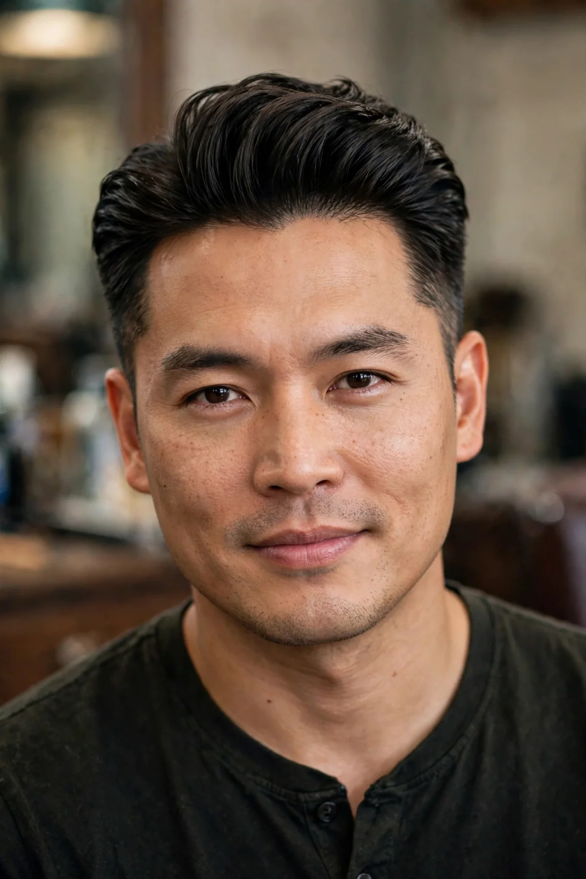 Short pompadour with tapered sides — classic voluminous short haircut for men