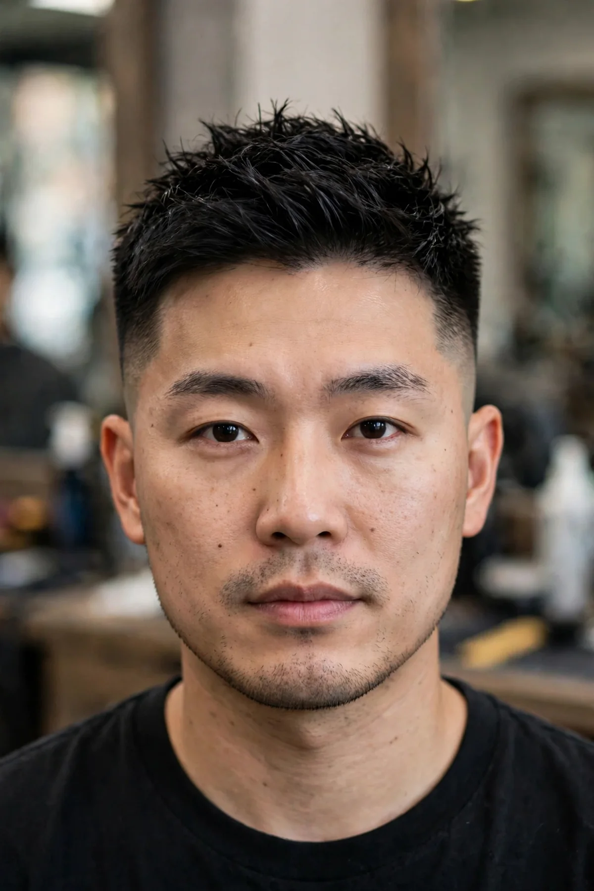 Skin fade with short brushed-up top — sharp modern short haircut for men