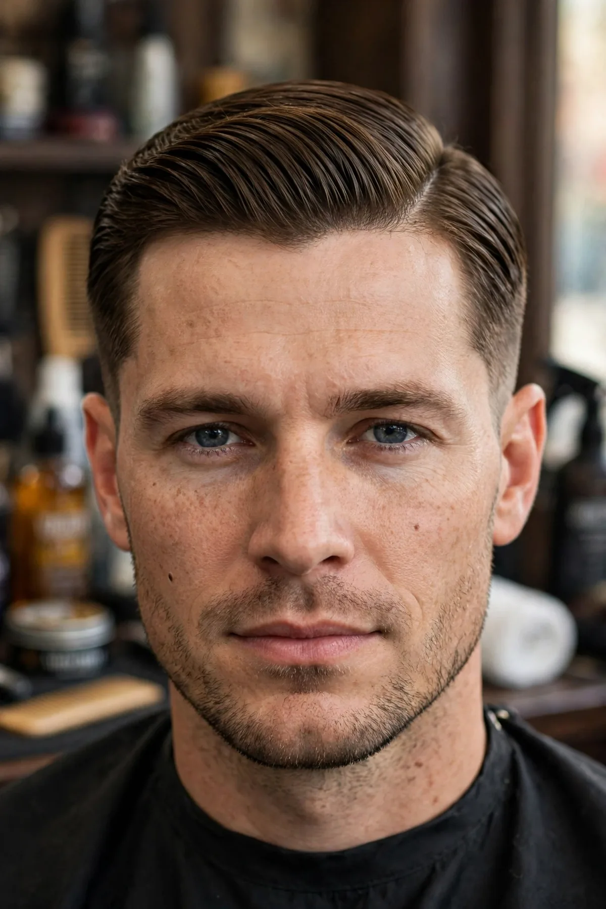 Classic side part haircut for men — neatly swept top with tapered sides and natural part line