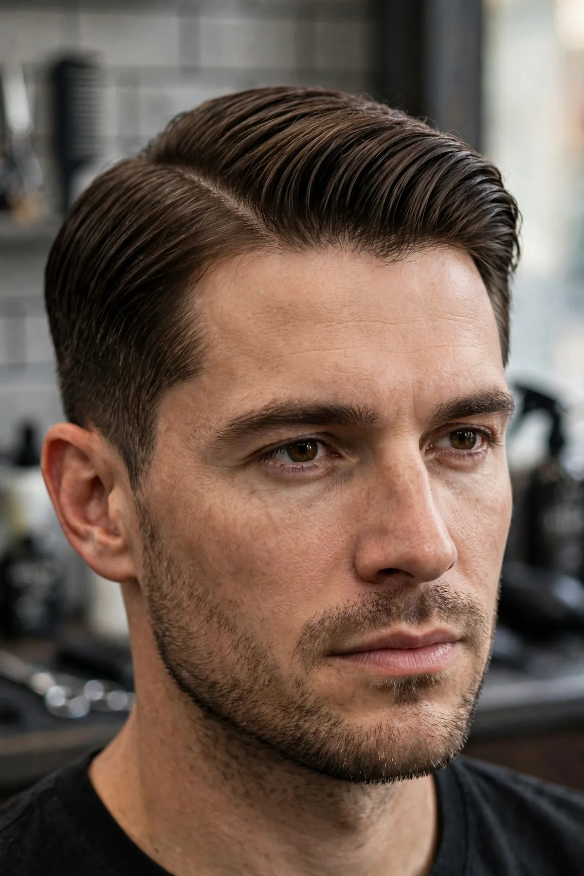Side part comb over haircut for men — long top swept over from a low part with neat sides