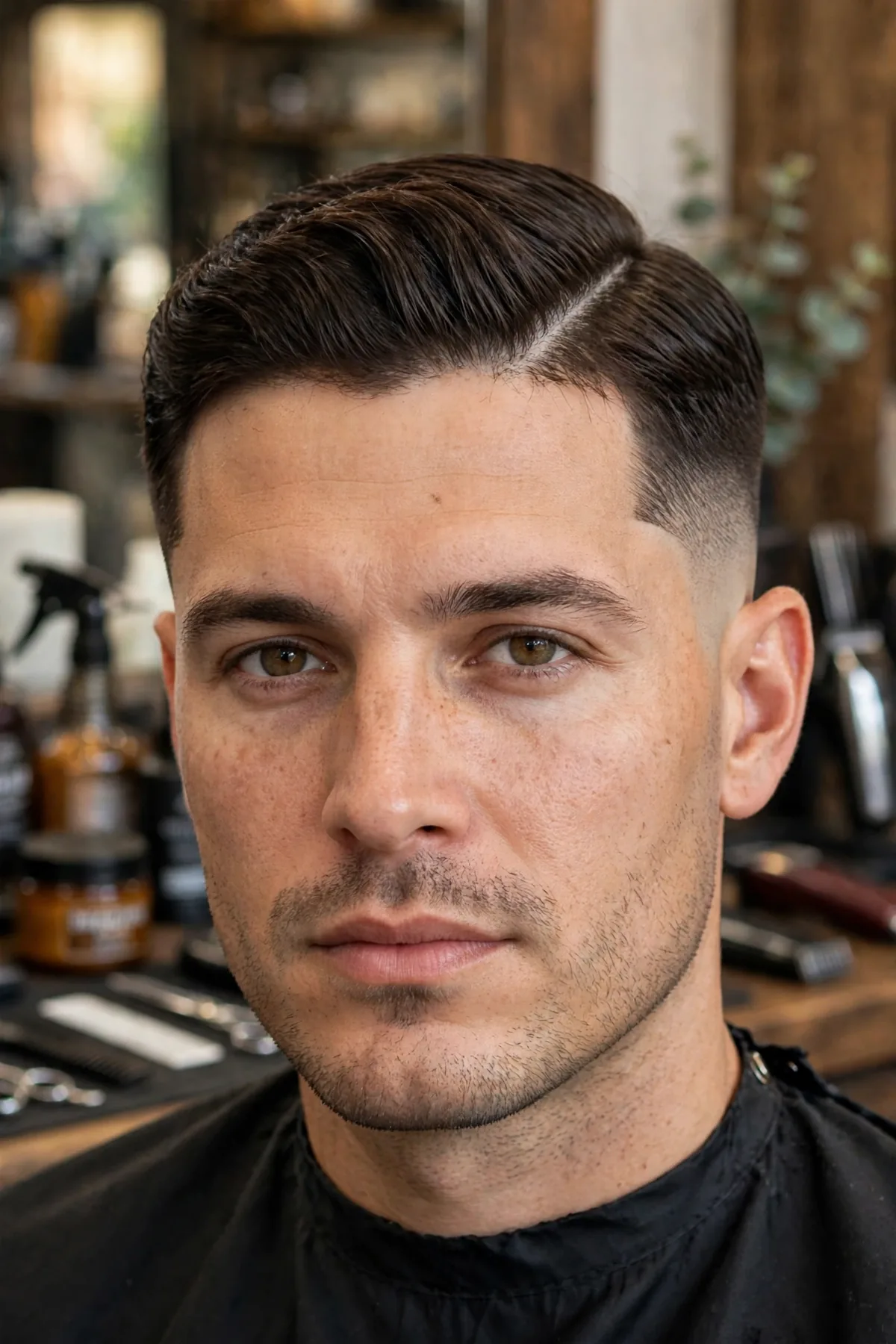 Side part with mid fade haircut for men — strong contrast between parted top and faded sides