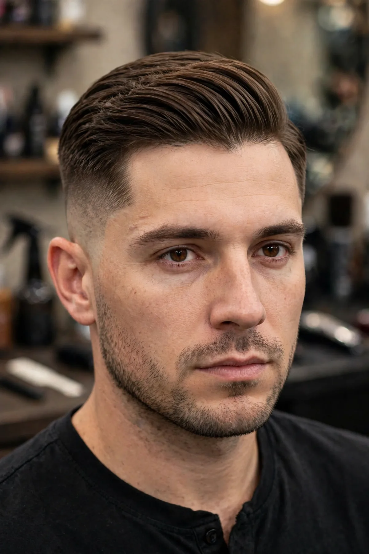 Side part with high fade haircut for men — dramatic faded sides with heavy swept top