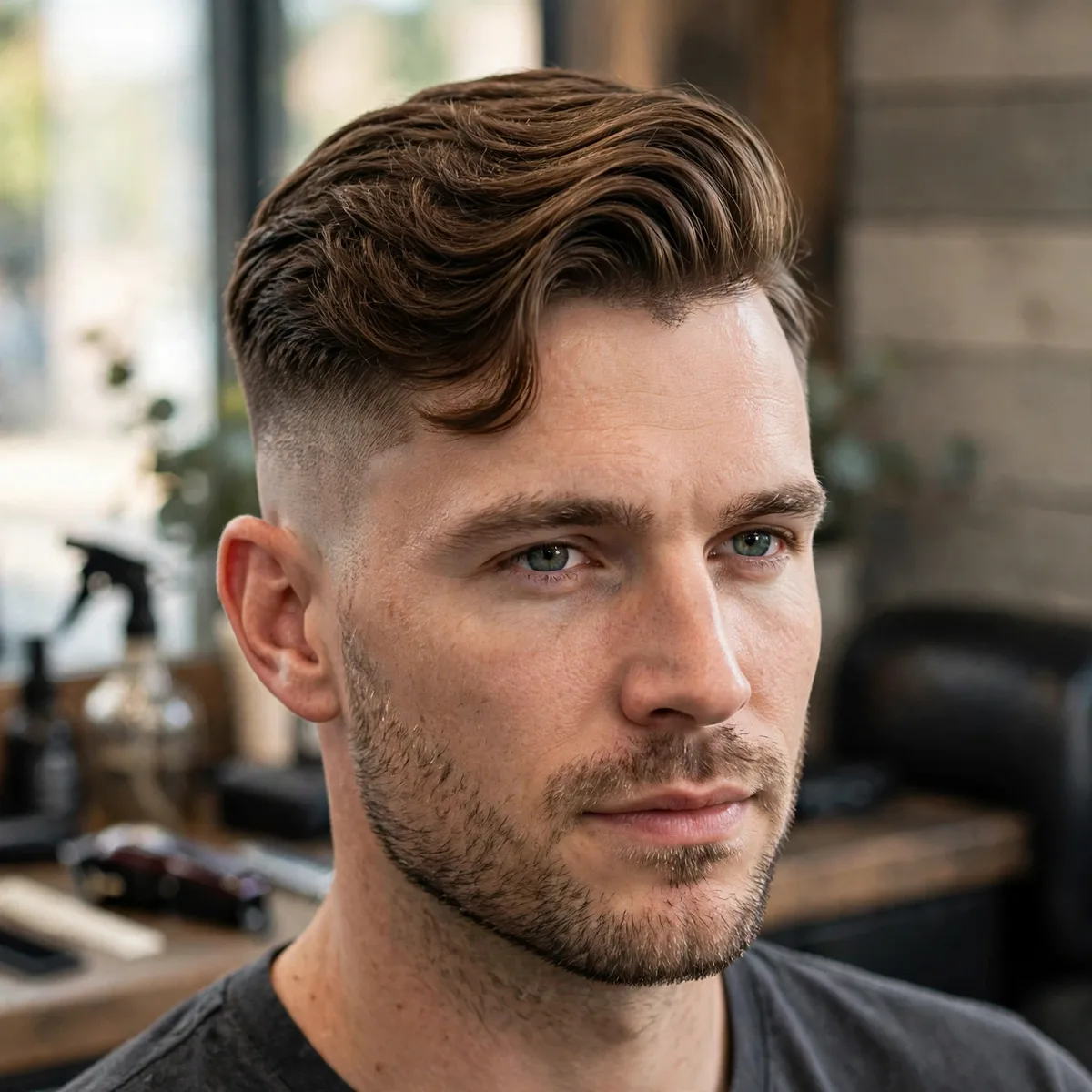 Disconnected side part haircut for men — swept top with unblended scissor-cut sides