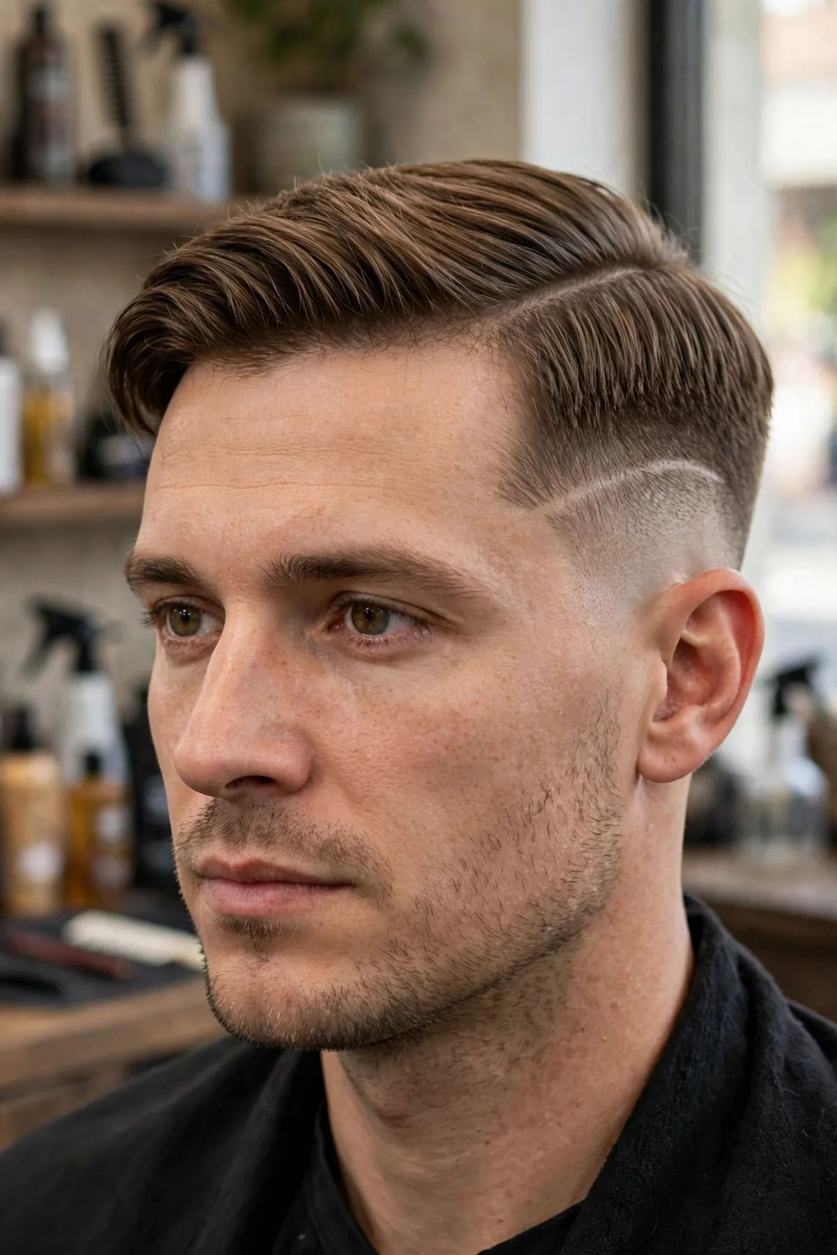 Side part with hair design for men — carved line detail beside a defined side part