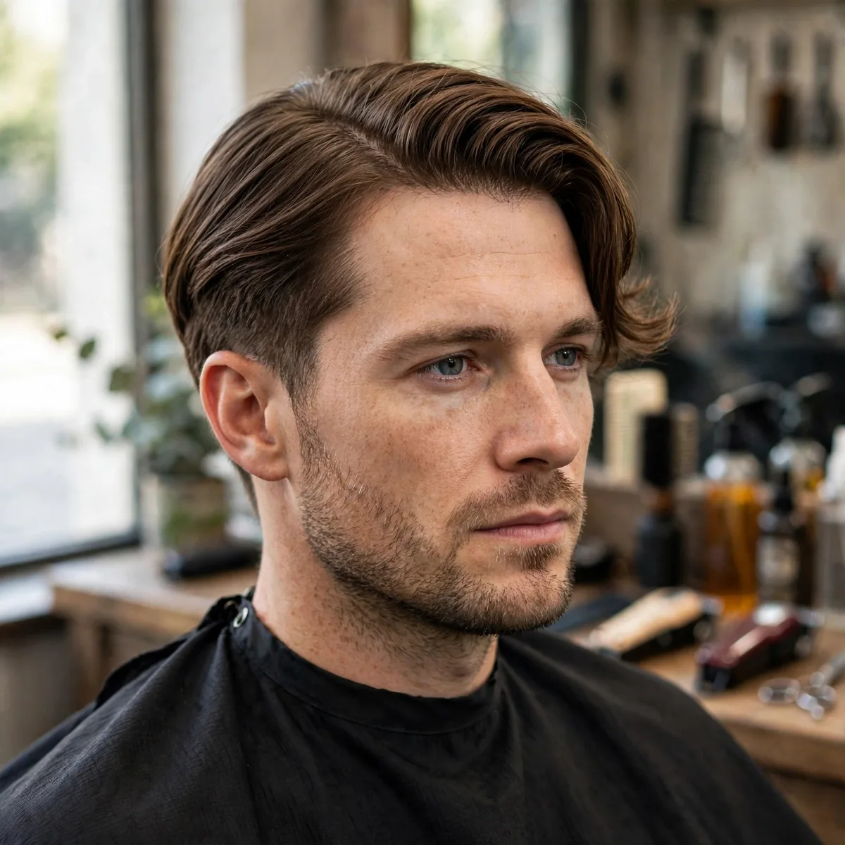Long side part haircut for men — flowing long top swept to one side with layered movement