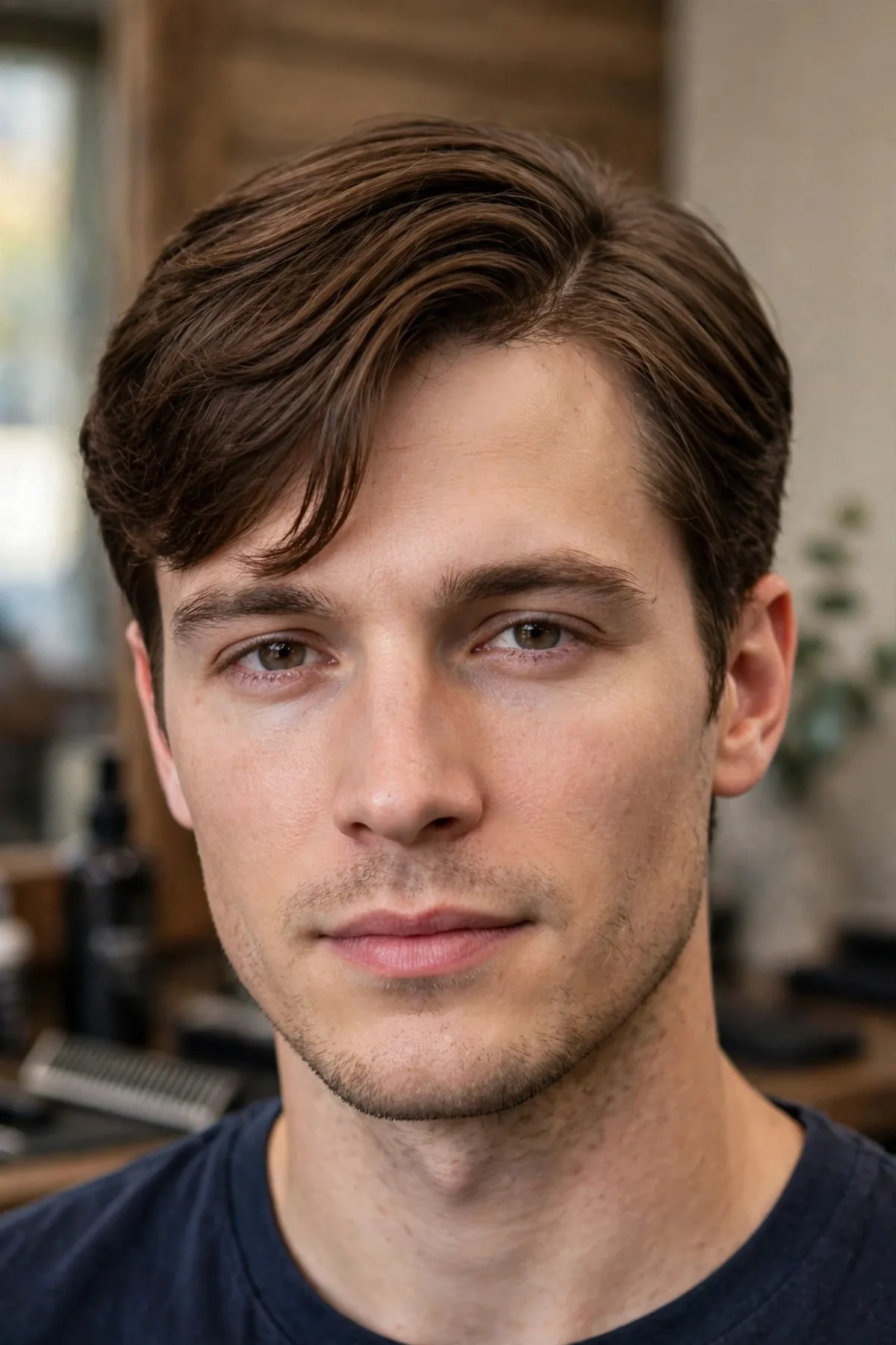 Side part with fringe haircut for men — diagonal textured fringe falling from a side part