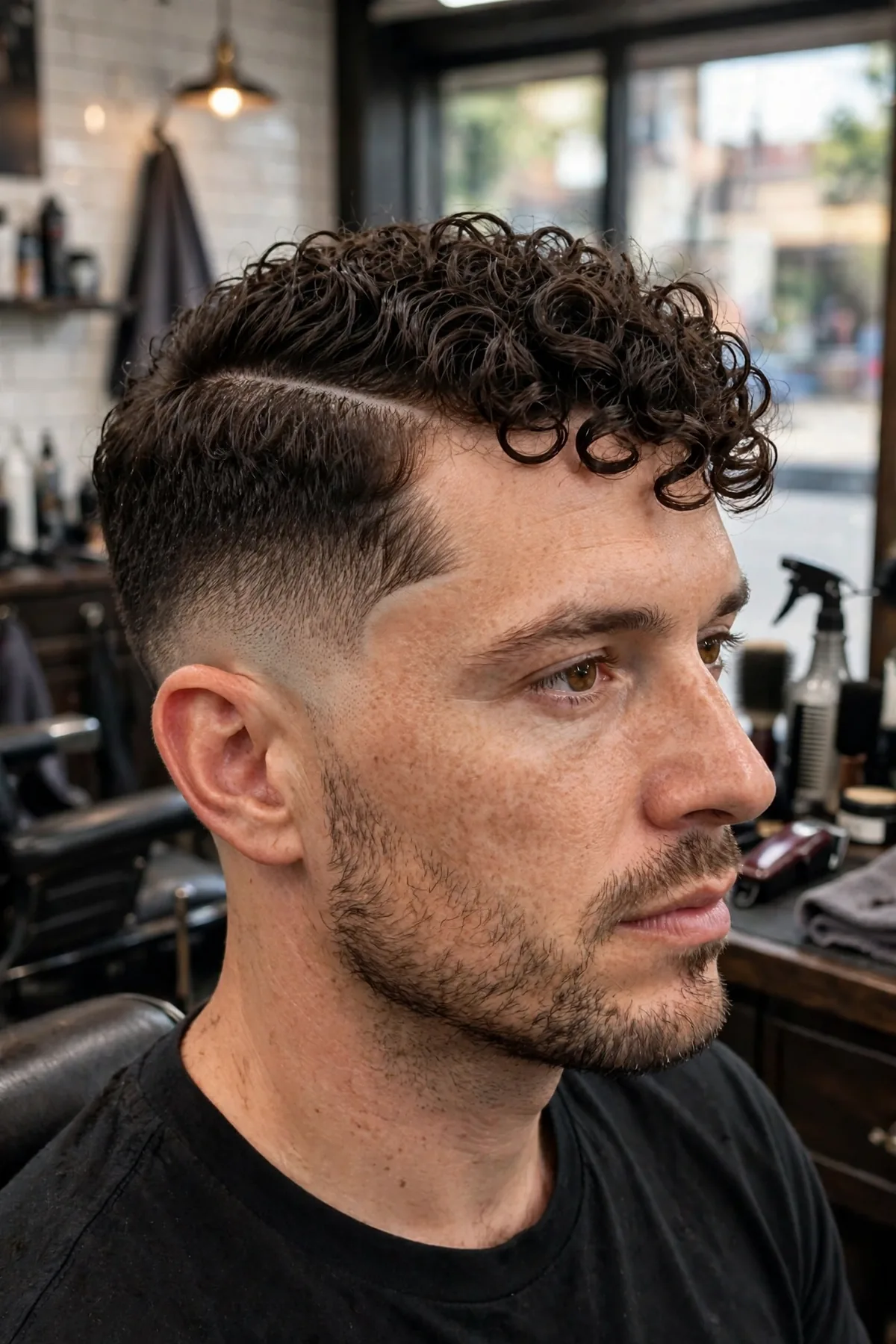Curly side part haircut for men — defined curls falling to one side from a natural part