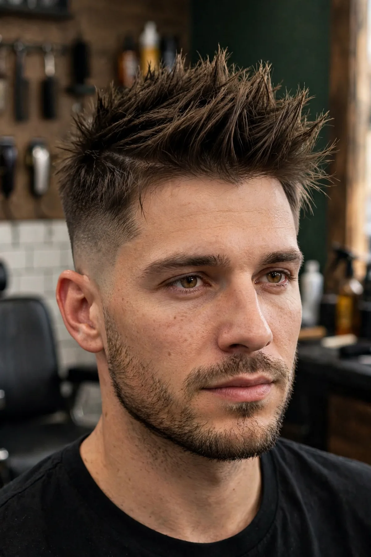 Side part with spikes haircut for men — textured spiky top angled to one side with faded sides