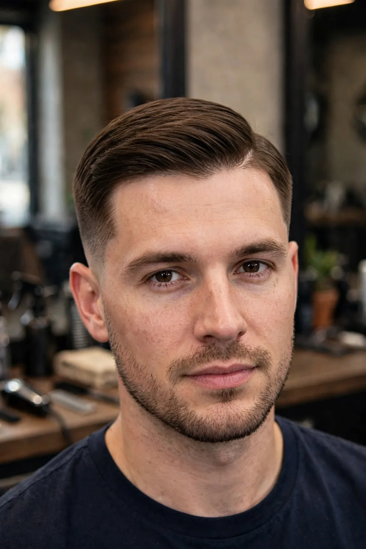 Short side part haircut for men — crew-length top with subtle part line and tight sides