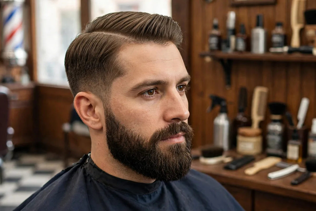 Side part with beard for men — polished parted top with full beard blended at the sideburns