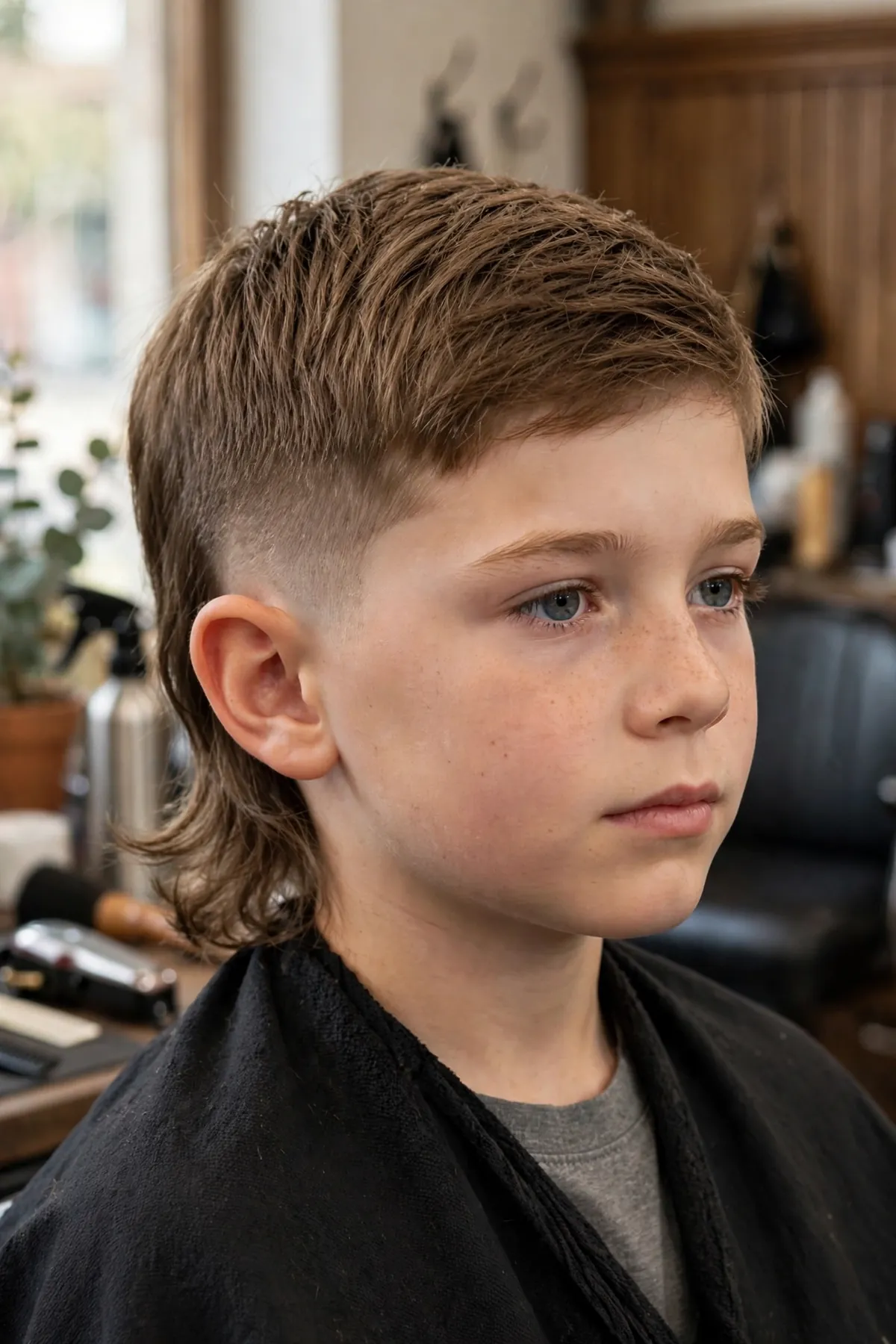 Taper mullet for boys haircut photo — clean tapered sides, neat 2-inch top, layered back at 4 inches on straight hair