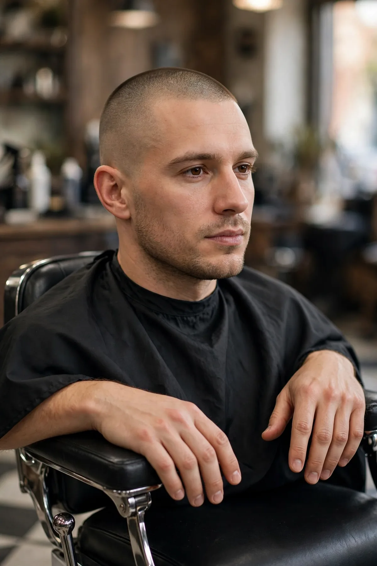Buzzed all over very short haircut for men — one even clipper guard length over the whole head