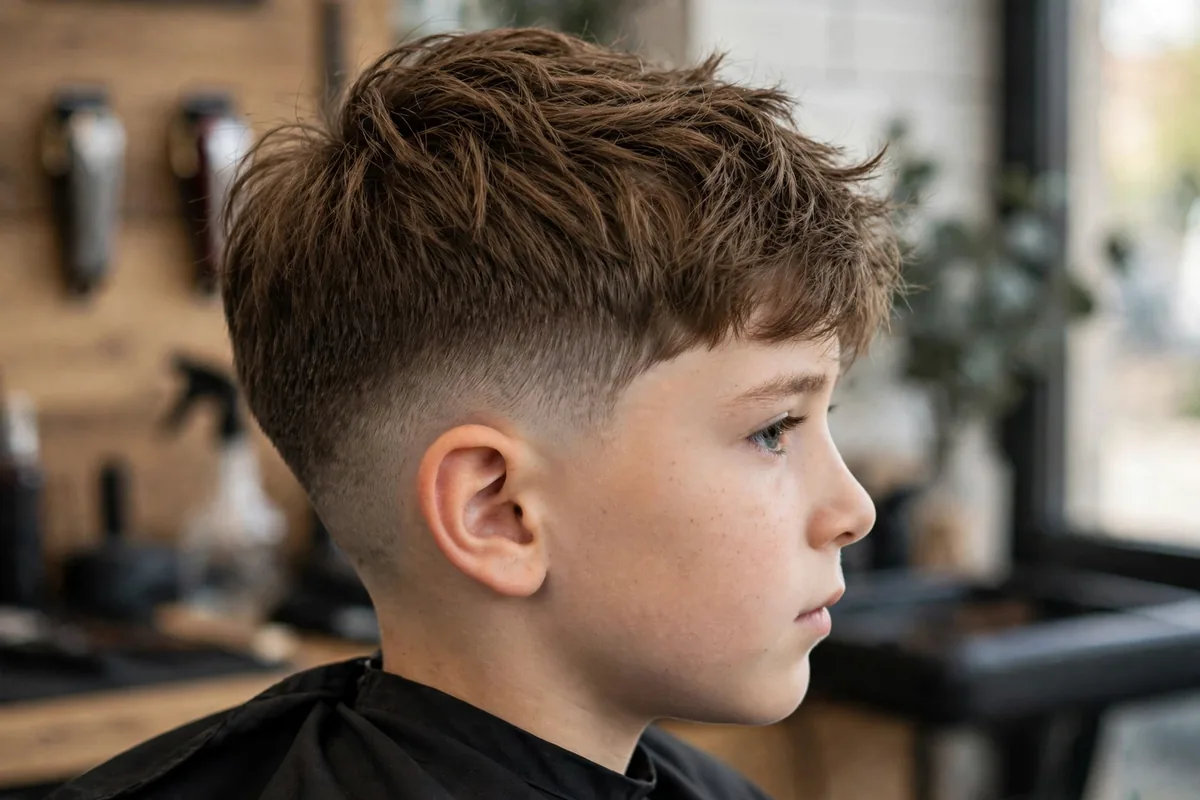 Low fade with textured crop haircut for boys, choppy textured top with clean low faded sides, best fade haircut for boys