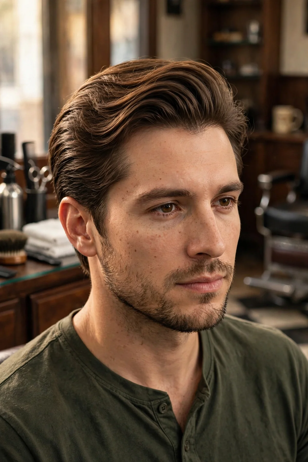Classic medium length flow haircut for men, swept-back layered hair with natural movement, barbershop photography
