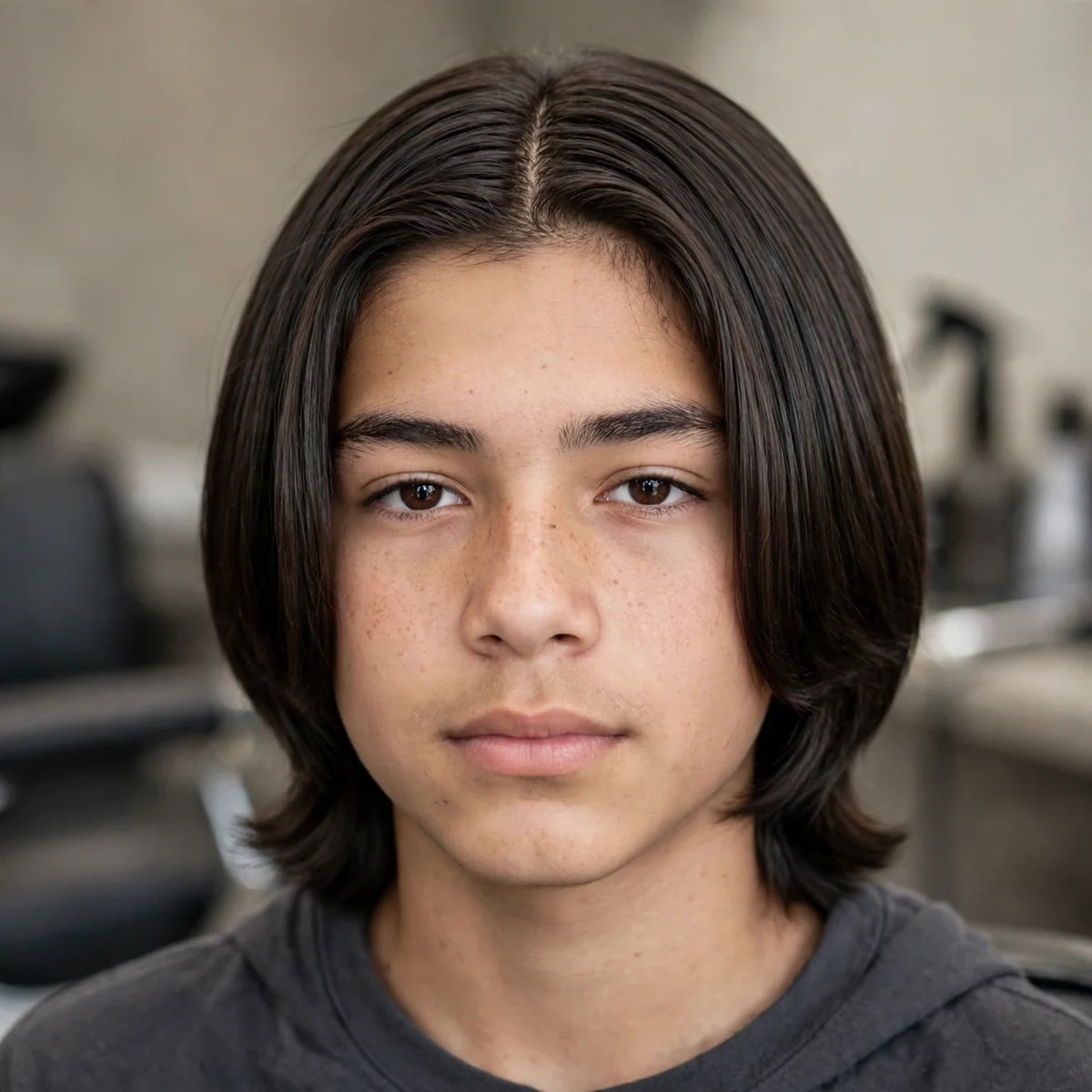 Teen boy with a classic 90s curtain haircut, hair parted exactly down the middle falling like curtains on both sides — 90s boy haircuts