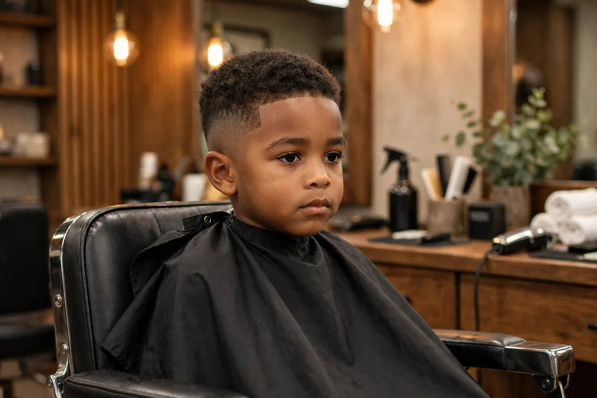 Little boy classic low fade haircut, short sides faded low near the ears with neat short top, barbershop photography