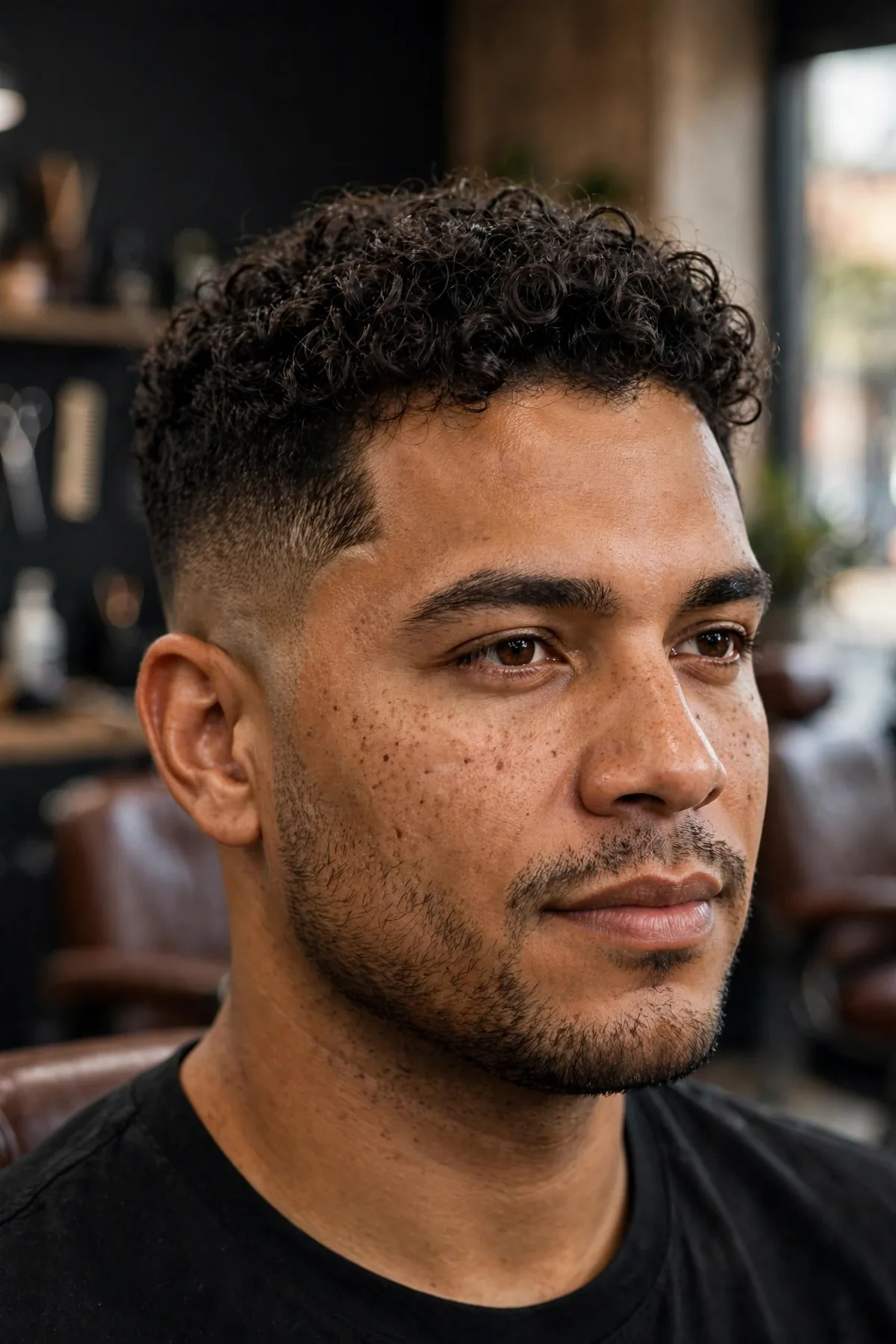 Taper fade with defined curls haircut on a man, gradual taper at temples and neckline with defined spiral curls on top