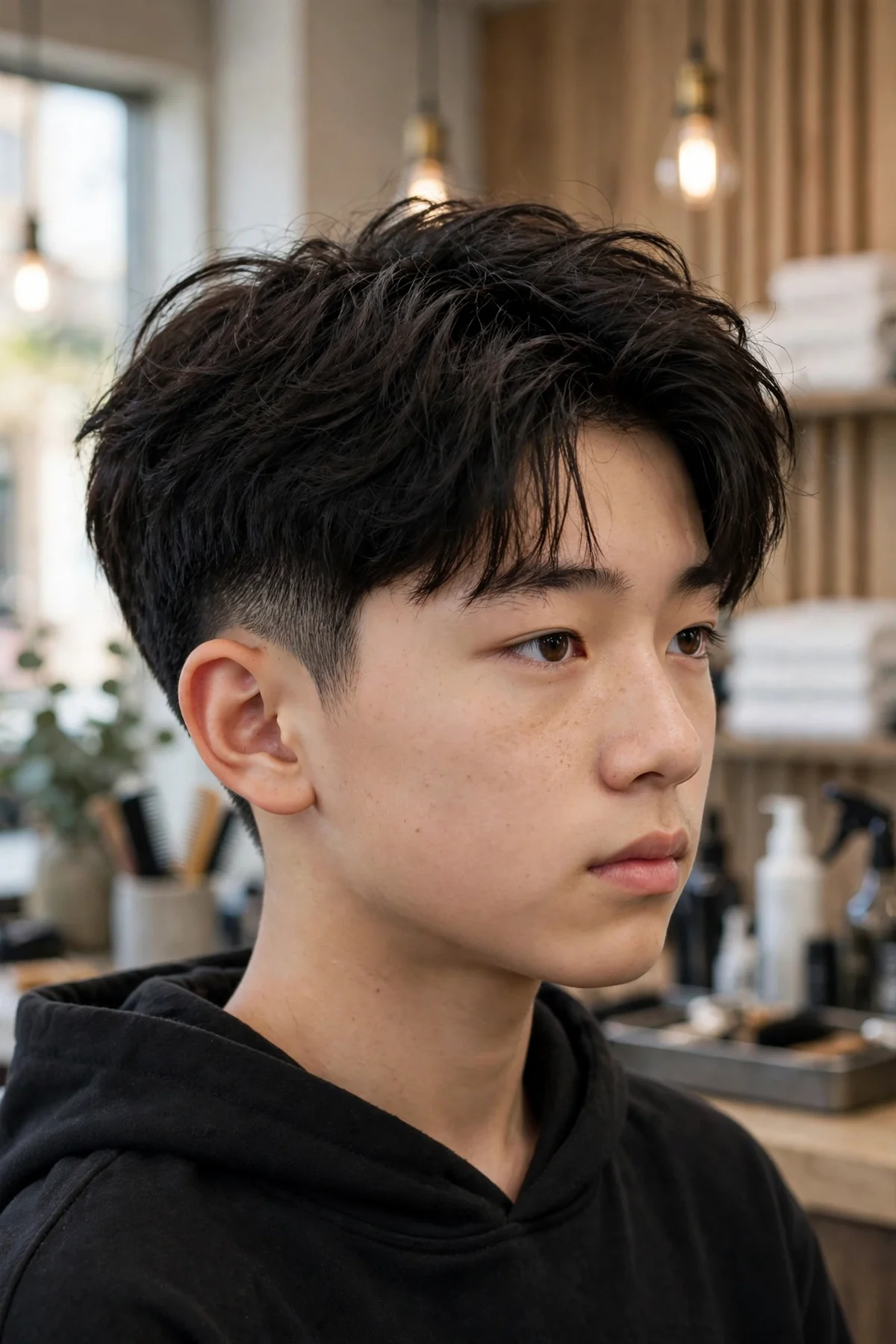 Asian teen boy with a two-block asian boy haircut, longer textured crown disconnected from short tapered sides