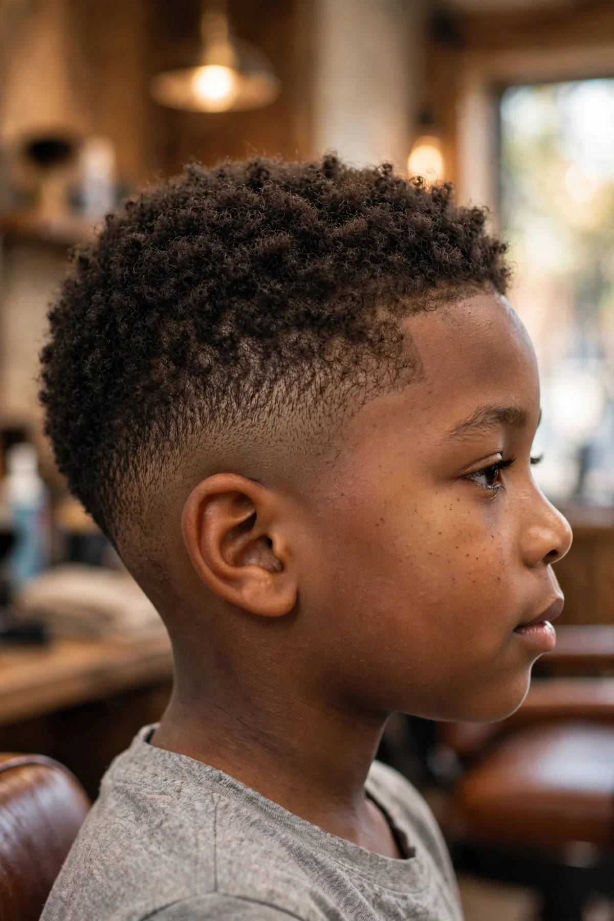 Black boy about 7 years old with a classic low taper haircut, short even curls on top and a subtle taper around the ears and neckline