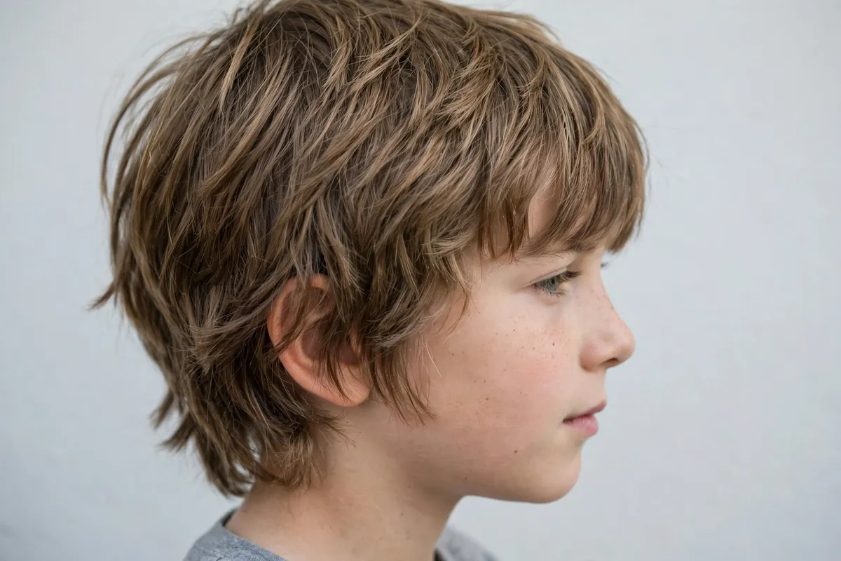 Boy with the classic shag haircut, medium-length choppy layers falling over the ears, soft fringe across the forehead