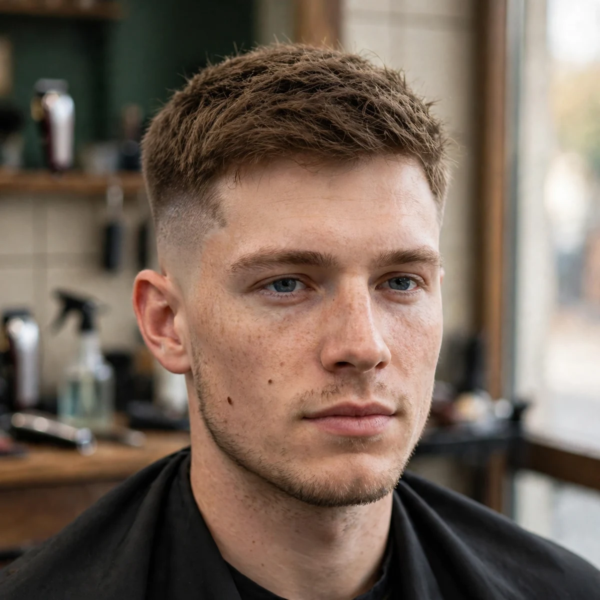 Classic low fade haircut for men with short textured top, fade starting just above the ears