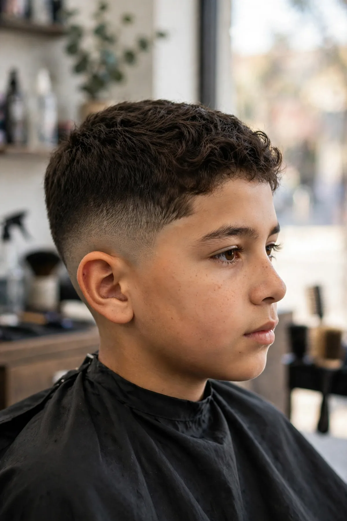 Hispanic boy with a classic low fade short haircut for boys — short tidy top with the fade blend starting just above the ears