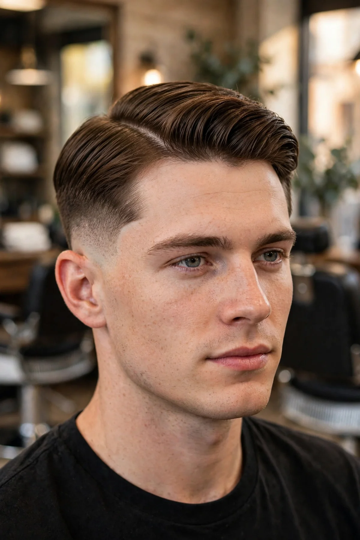 Side part low skin fade haircut on a man, combed-over top with a sharp part line, low fade blending to bare skin above the ears