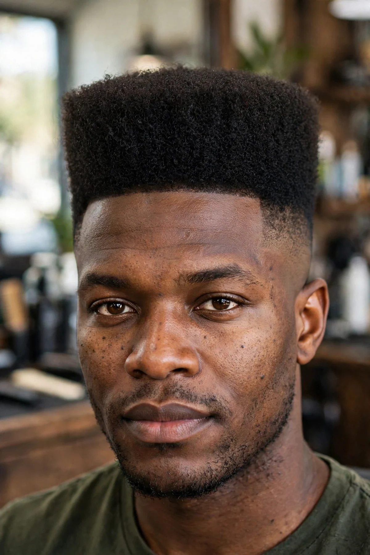 Classic high top fade haircut on a young Black man, tall squared hair on top with a smooth mid fade on the sides, barbershop photo