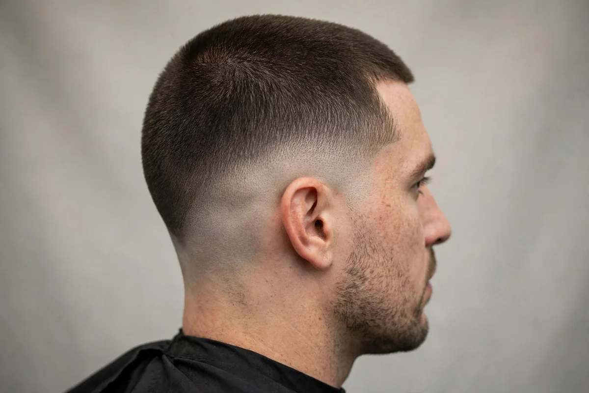 Classic mid drop fade haircut on a man with short neat top, barbershop photo